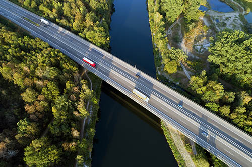 Aerial view of highway bridge over Danube River, Bavaria, Germany